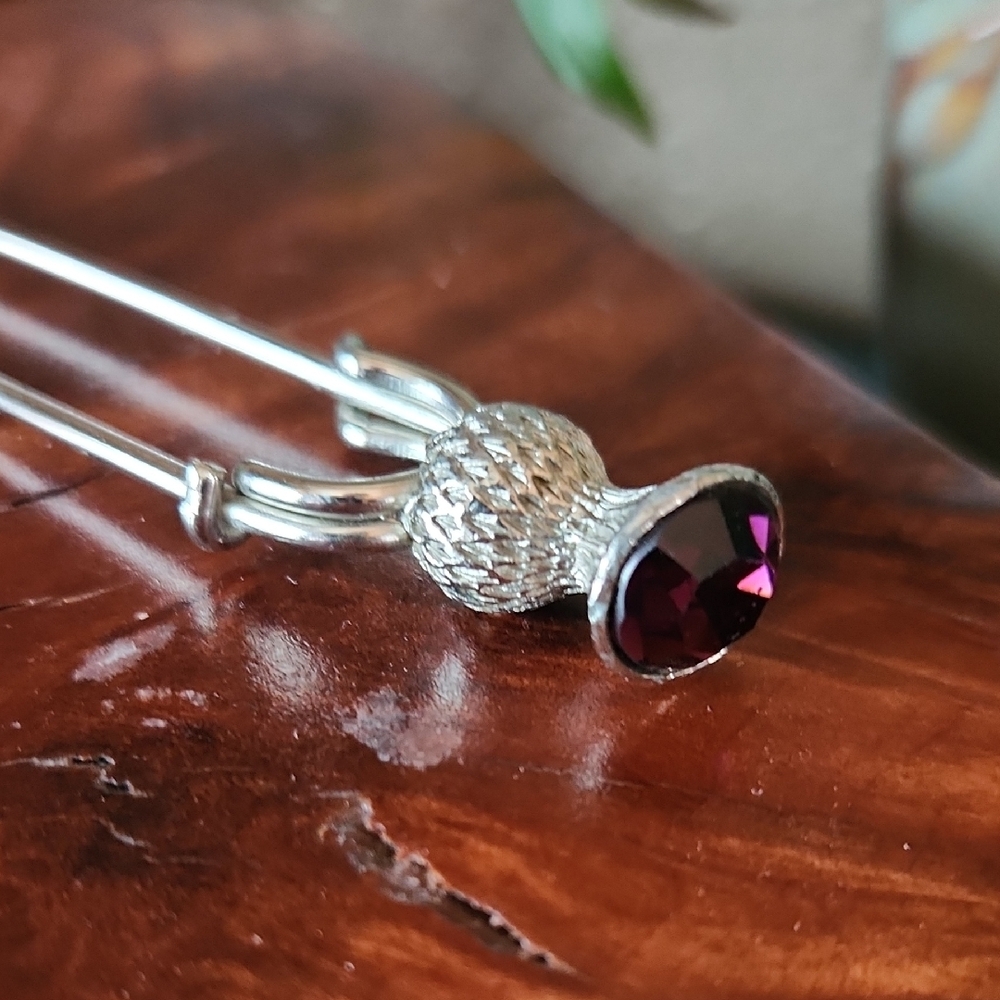 Scottish Thistle Kilt Or Shawl Pin With Purple Stone EUC Vintage